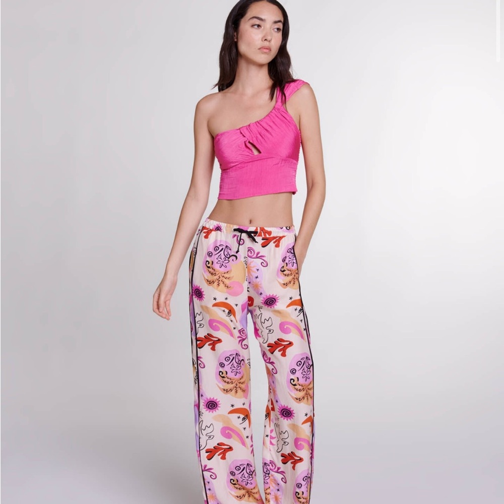 Maje Satin-Effect Crinkle One-Shoulder Crop Top